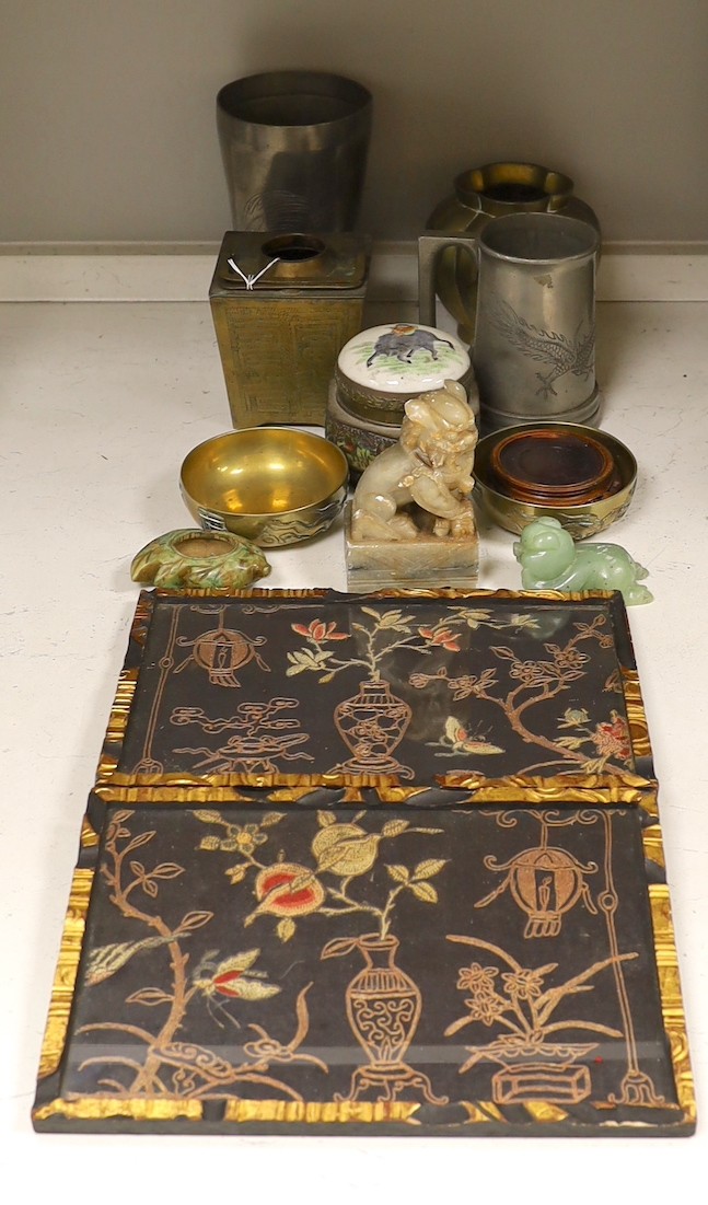 A selection of miscellaneous items, to include Chinese pewter and bronze vessels, two embroidered panels, a carving set, etc.